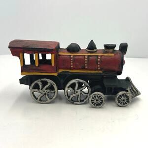Vintage Cast Iron Toy Red/Black Train Steam Engine Locomotive 9"x2.5"